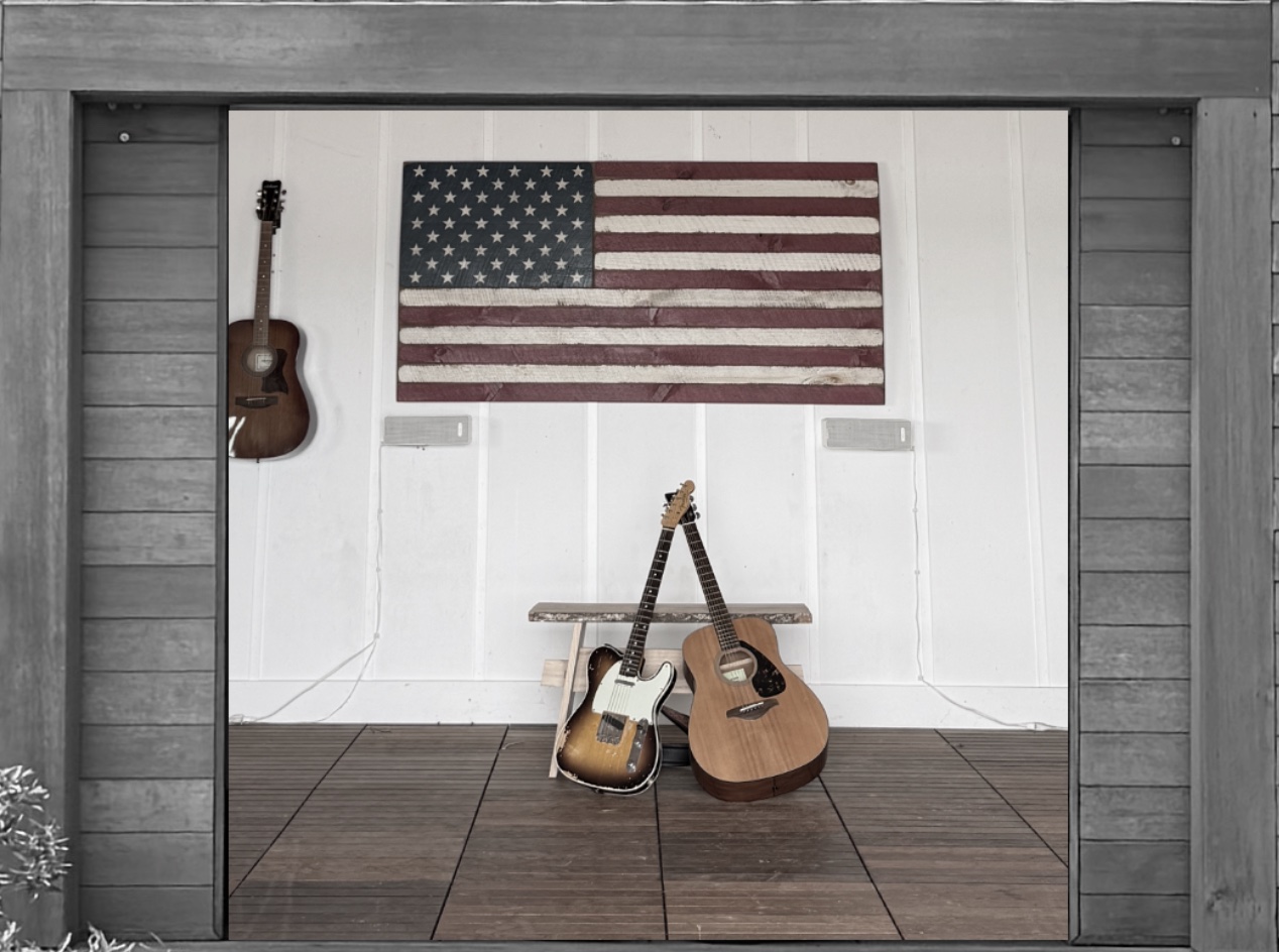 Boathouse door with guitars